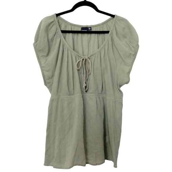 Sonoma Life + Style Peasant Top Size 3X  Green Short Sleeve Tie Neck Detail - Picture 2 of 7